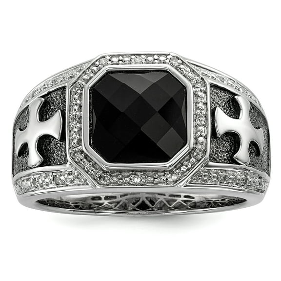 Sterling Silver Diamond & Onyx Black Rhodium-plated Cross Men's Ring