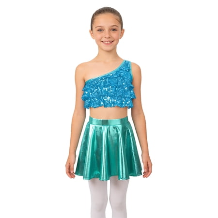TSSOE Kids Girls Lyrical Tango Ballroom Dance Dress Outfits One Shoulder Crop Top With Metallic Pleated Skirt Light Blue 14