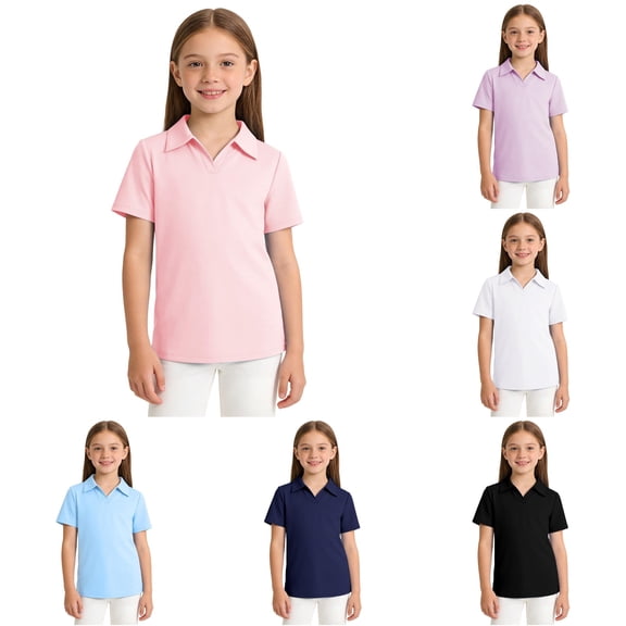Krdevn Girls Short Sleeve Notch V Collar Pullover Pique Polo Shirt Soft Breathable Knit Back to School Casual Everyday Kids Uniform Tops,7-8 Years