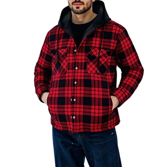 GuangCheng Mens Plaid Hooded Shirt Jackets,Fleece Lined,Casual,Outerwear 2 Chest Pockets,Red,3XL