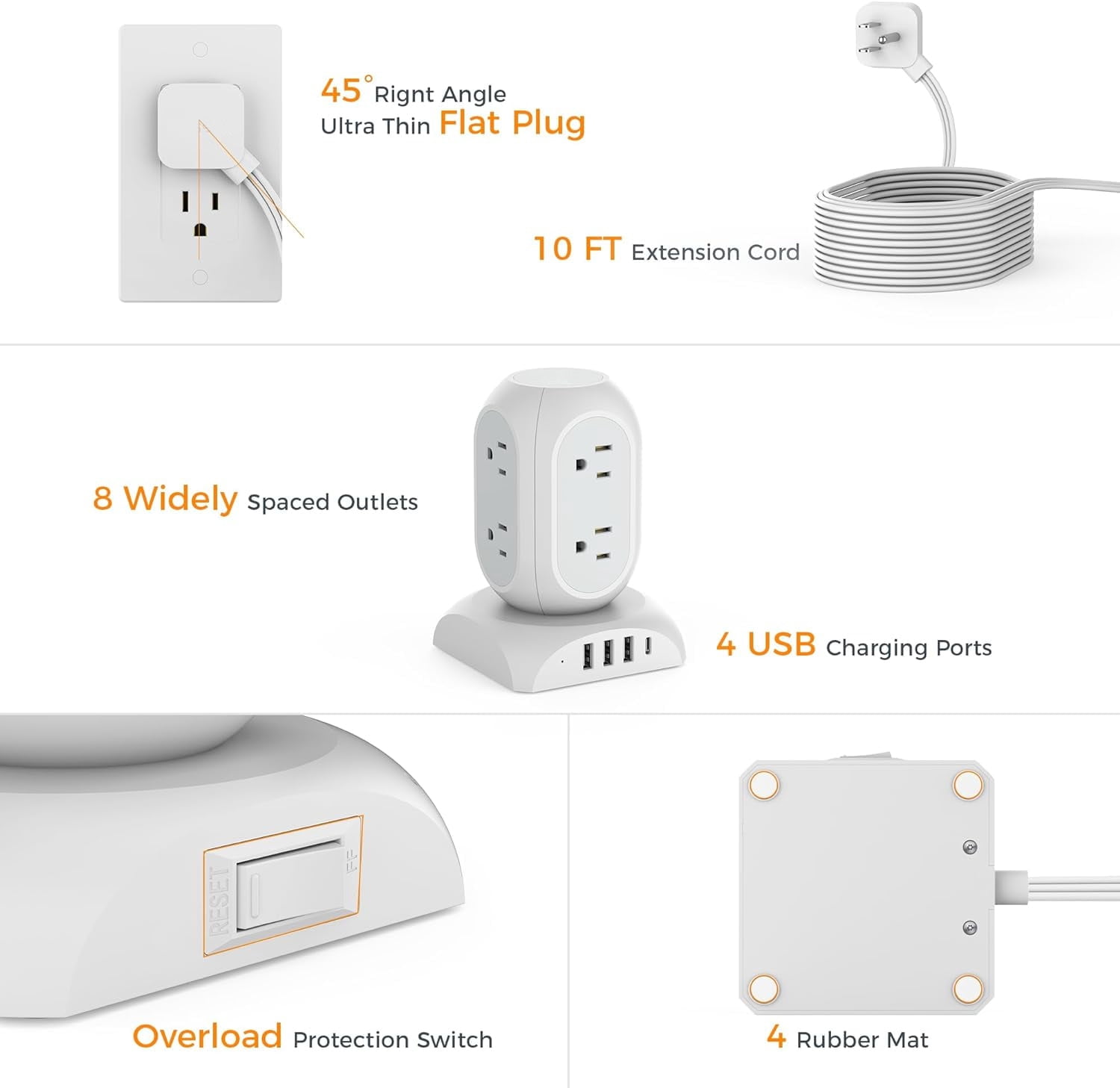 10Ft Surge Protector Power Strip Tower 8 Outlets 3 USB & 1 USB C Ports,1050J Protection Desk Charging Station for Home, Office ,School, Dorm Room,Gery