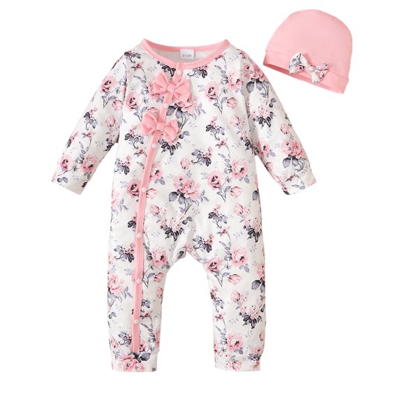 Newborn Baby Girls Romper Newborn Girls One-piece Bodysuit Flower Print Round Neck Newborn Girls Long Sleeve Bodysuit with Hat Pink