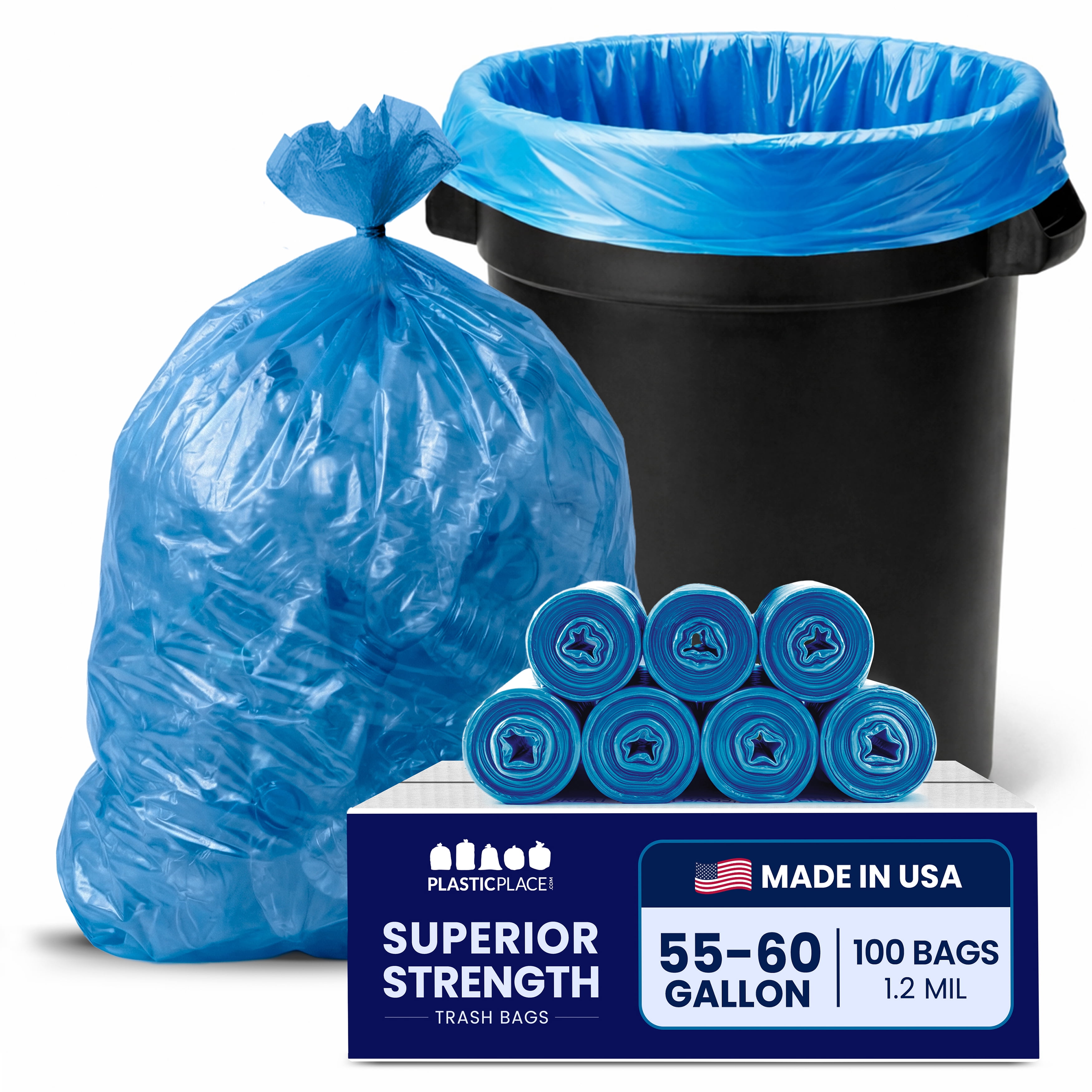 Plasticplace 55-60 Gallon Blue Recycling Trash Bags, 1.2 Mil, 38"x55" Garbage Can Liners, 100 Count