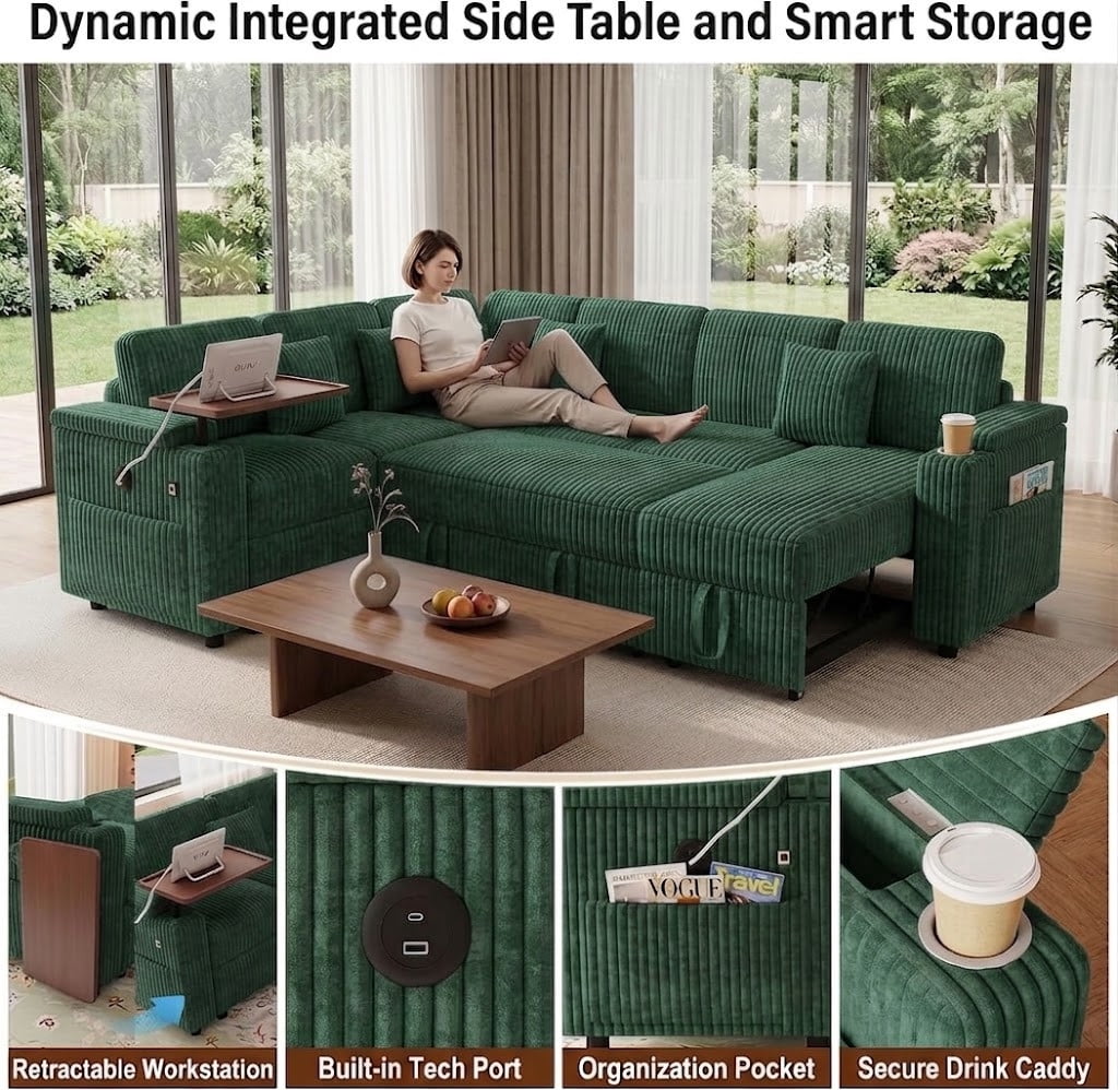 100" U-Shaped Sleeper Sofa with Pull-Out Bed, USB Charging Ports, Cup Holder, Flip-Top Table, Storage Chaise, Corduroy Sectional Couch for Living Room, Apartment & Guest Room