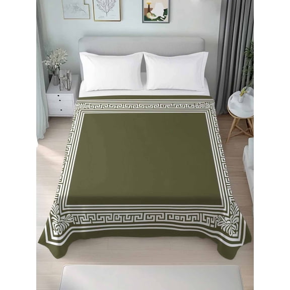 Olive Green Greek Key California King Size Flat Sheet, Wrinkleproof & Fadeproof Cooling Flat Bed Sheet Only, Geometric Greece Ancient Farmhouse Geo Breathable Soft Bedding Top Sheets 108 x 98 Inches