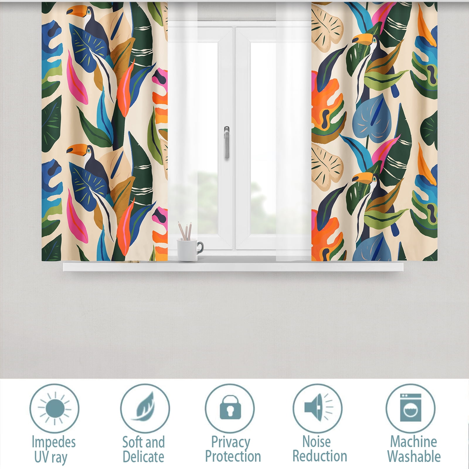 Aeyadis Colorful Tropical Abstract Blackout Curtains, Boho Leaf Birds Print Decor for Bedroom, Living Room, Grommet Window Drapes 2 Panel Set, 52"x84"