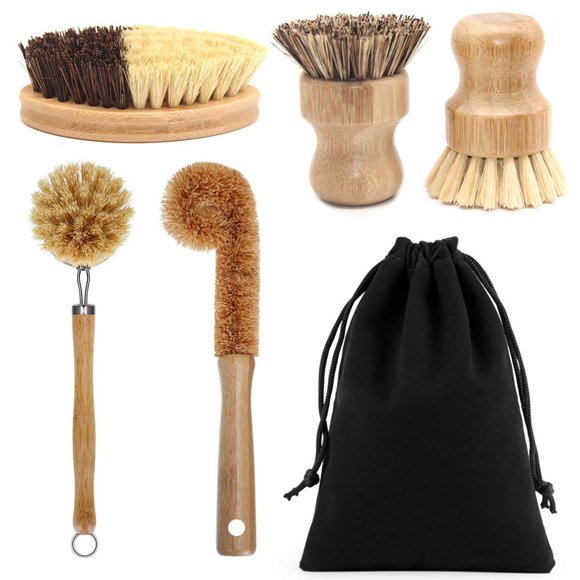 Vankcp 5 Pack Natural Bamboo Cleaning Brush Set, Pot Dish Scrub Brush with Handle and Flannel Bag Kitchen Brushes for Cast Iron Pots, Pans, Vegetable and Kitchen Cleaning