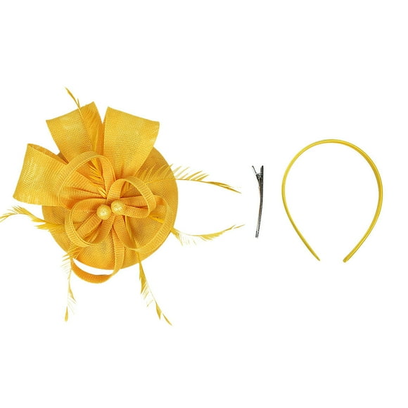 Ploknplq Fascinators Hats,Feather Hair Clip,Tea Party Hats,Headpieces Handmade Hair Wedding Fascinator Clip Headband,Feather Headpiece,Church Hats Yellow One Size