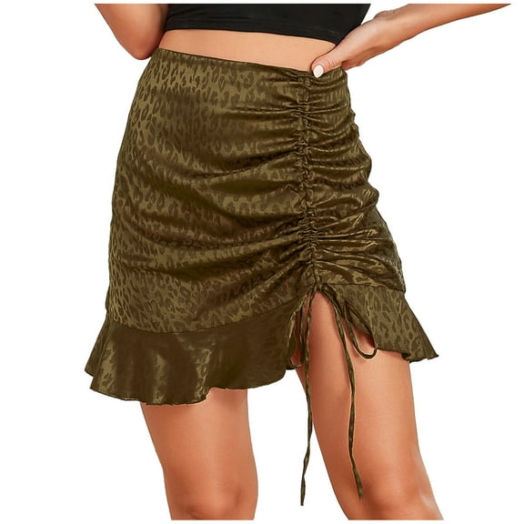 IROINNID Women's Fashion High Waist Leopard Slim Sexy Zipper Shirring Casual A-Line Short Empire Waist Mini Solid Color Skirt