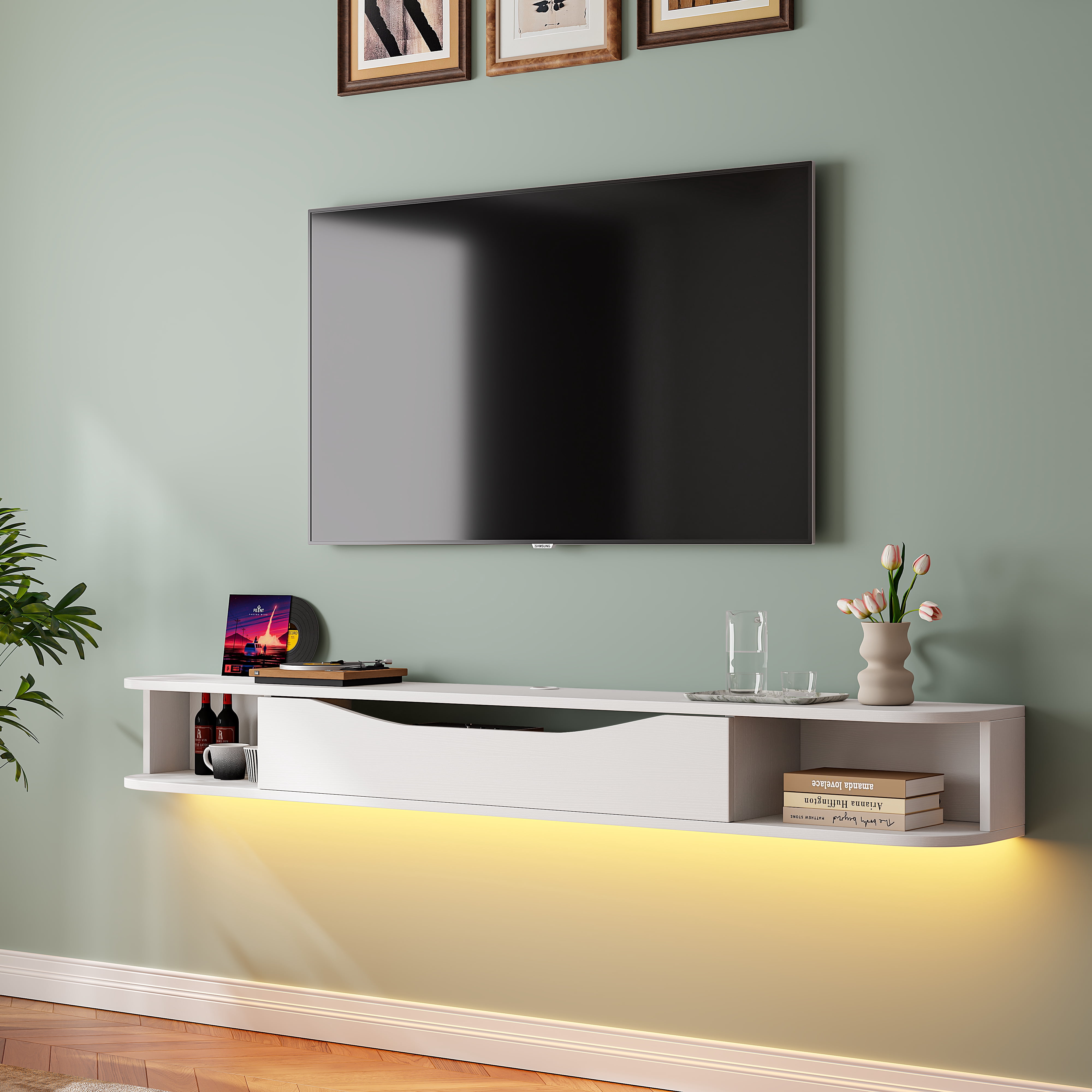 FloatiCasa 55" Floating TV Stand Wall Mounted TV Console for TVs up to 60" Entertainment Center Floating TV Shelf(White)
