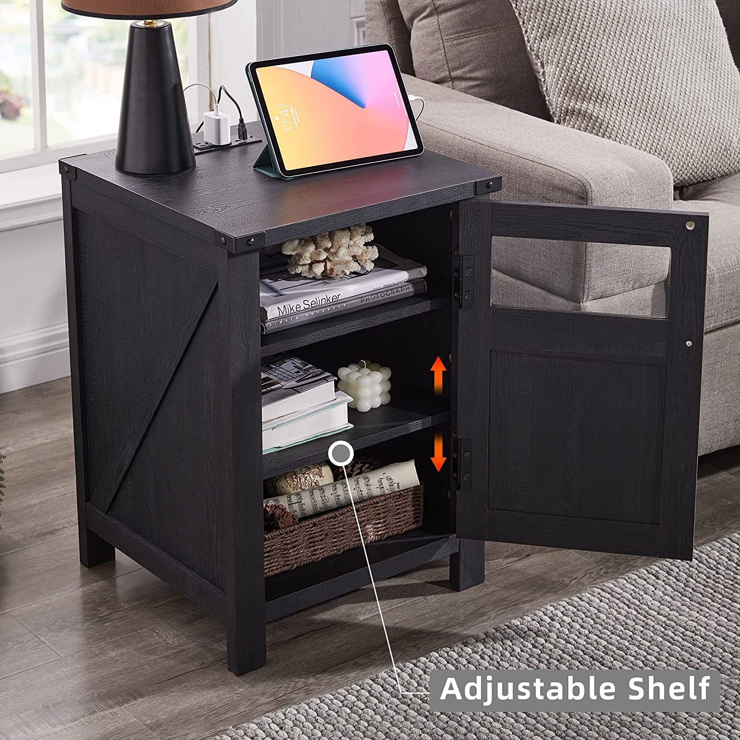 T4TREAM 17.8" W Farmhouse Wooden Nightstand End Table with Charging Station and Storage, Black
