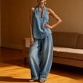 thumbnail image 4 of Quixlent Halter Denim Set for Women Sleeveless Tank Top And Wide Leg Pants Lounge Sets Summer Casual Two Piece Outfits with Pockets, 4 of 8