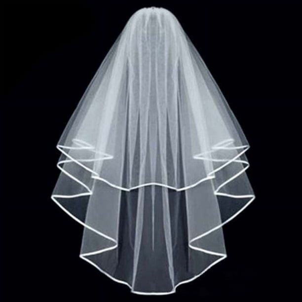 Nvzi Velo de novia blanco, velo corto de 2 niveles con ribete blanco, velo de novia para despedida de soltera, velo de flores para primera comunión, blanco
