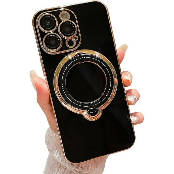 Compatible with iPhone 15 Pro Max Magnetic Planting Case 6.7 Inch, Luxury 360 Rotating Magnetic Hidden Stand Case, Compatible with MagSafe for Women Girls,Black