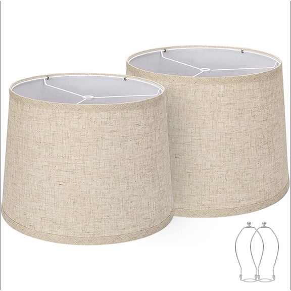 Lamp Shades Set of 2, Large Beige Drum Fabric Lampshades with Spider Fitter, Replacement Shades for Table and Floor Lamps, 11.6" Top x 12.6" Bottom x 9.8" Height