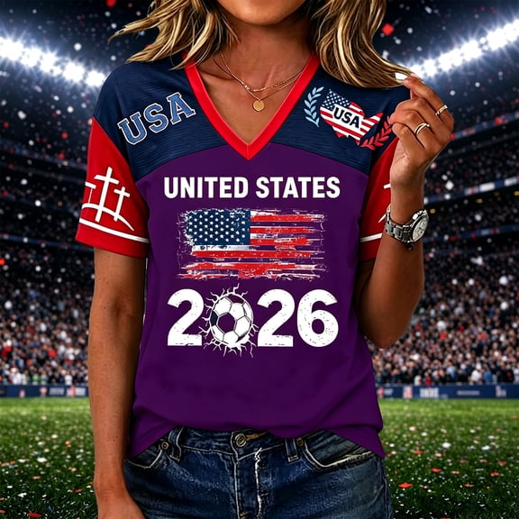 Women's USA Soccer Jersey Shirts 2026 Country Team Short Sleeve V Neck Fan International Football Shirt Retro Streetwear Top, Purple S