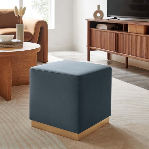 Tilden 17" Square Performance Velvet Upholstered Ottoman in Cadet Blue Natural