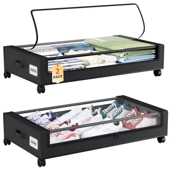 Eunos Under Bed Storage with Wheels, 2 Pack Under Bed Storage Containers with Clear Lid and Handles, Storage Organizer Bins