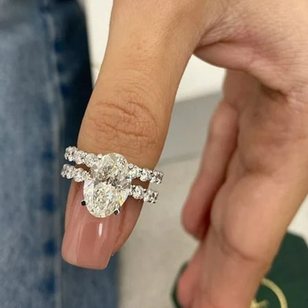 3Ct Oval Cut Real Moissanite Bridal Set Engagement Ring 14K White Gold Plated