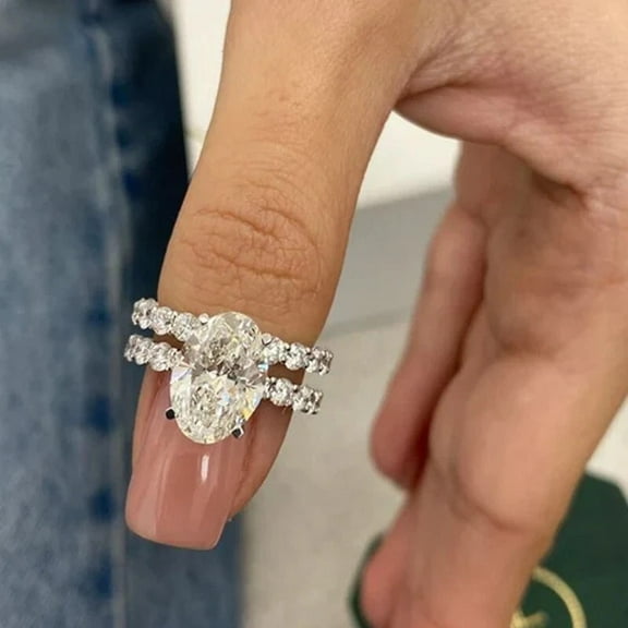 3Ct Oval Cut Real Moissanite Bridal Set Engagement Ring 14K White Gold Plated