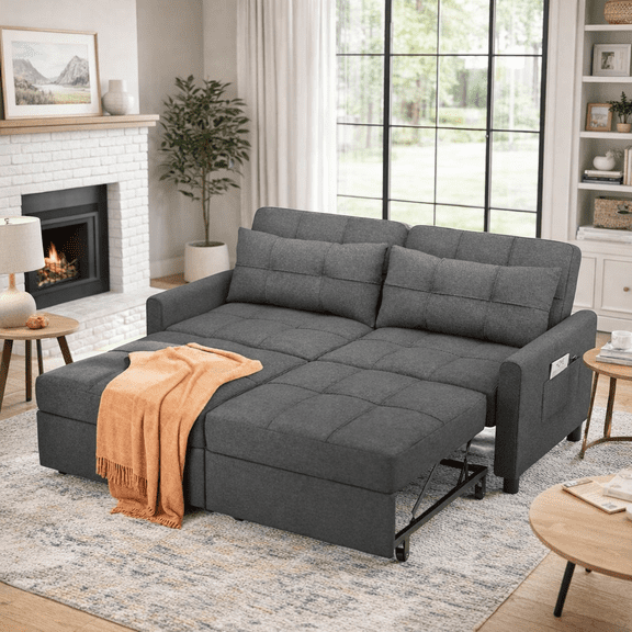 3 in 1 Convertible Sofa Bed, 58" Sectional Sleeper Sofa with Adjustment Backrest & Side Pocket, Pull out Couch for Living Room, Bedroom, Apartment, Dark Gray