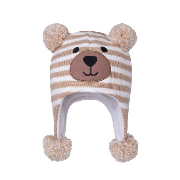 Penkiiy Baby Boy Hat Winter Fleece Lined Hat Knit Earflap Kids Caps Infant Toddler Hats for Baby Girls with Pom Pom L Beige