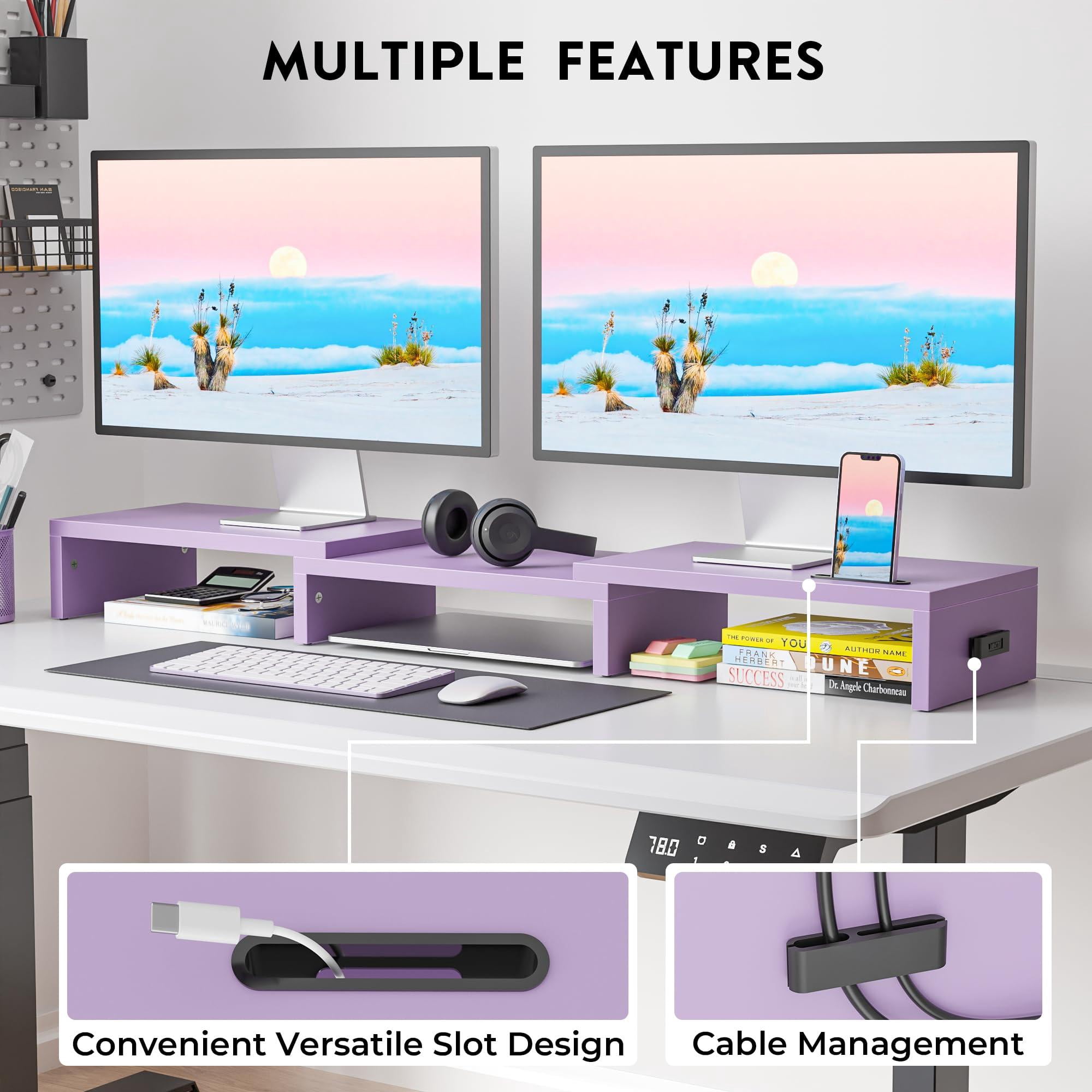 Dual Monitor Stand Riser With Smartphone Holder  Adjustable Length & Swivel Angle Wooden Desktop Organizer For Pc Laptop Printer Large Storage Purple