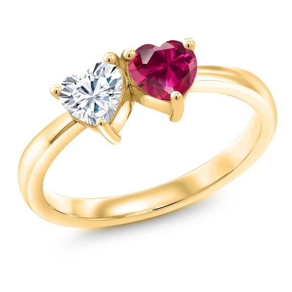 Gem Stone King 18K Yellow Gold Plated Silver Red Created Ruby Ring Set with Moissanite (1.02 Cttw) (Size 9)