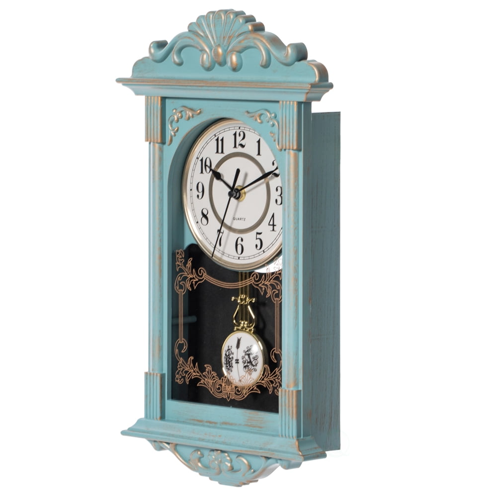 Clockswise Vintage Grandfather Wood-Looking Plastic Pendulum Decorative Battery-Operated Wall Clock, for Office, Home Decor, Living Room, Kitchen, or Dining Room, Blue with Gold Distressed Design
