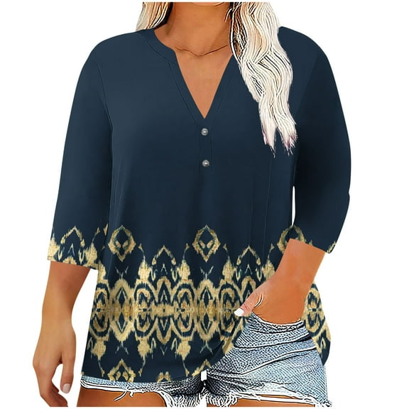 Stamzod Womens Plus Size Tops 2025 Fashion Vintage Graphic Summer V Neck 3/4 Sleeve Classic Blouses Daily Casual Loose Plus Size Shirts for Women Navy C XL
