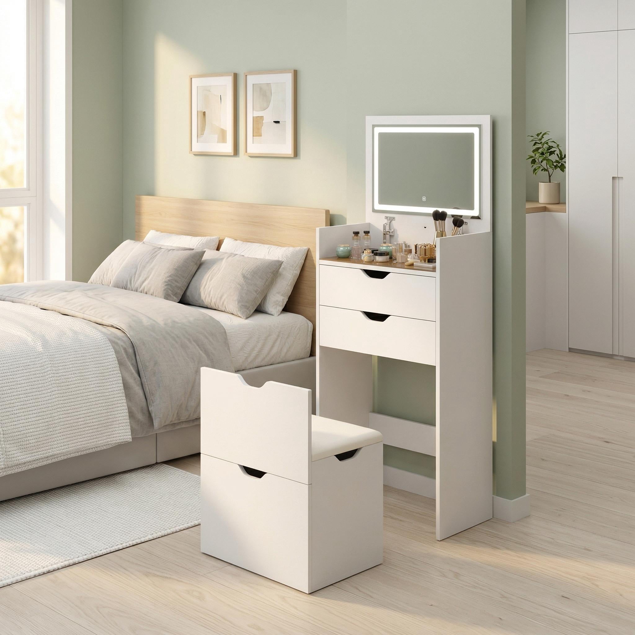 Homy Casa Vanity Table & Bench Set with Flip-Up LED Mirror, Storage Stool, White