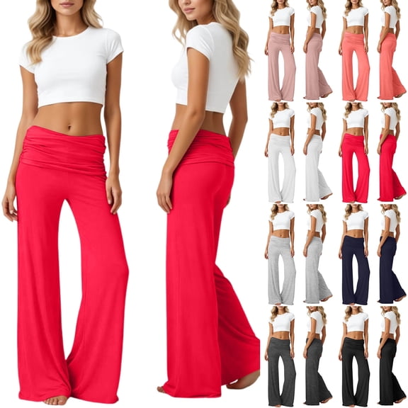 Shadoumai 2026 Coral Fold Over Yoga Pants, On-Trend Solid Wide Leg Loose Fit Lounge Pants with Ruched Waist, for Yoga Sports Everyday