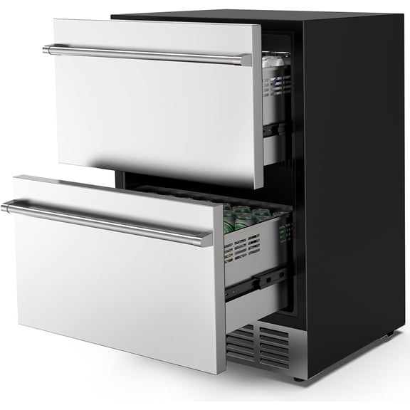 24 Inch Under Counter Double Drawer Fridge, Weather Proof Stainless Steel Under Counter Beverage and Wine Fridge with Digital Display