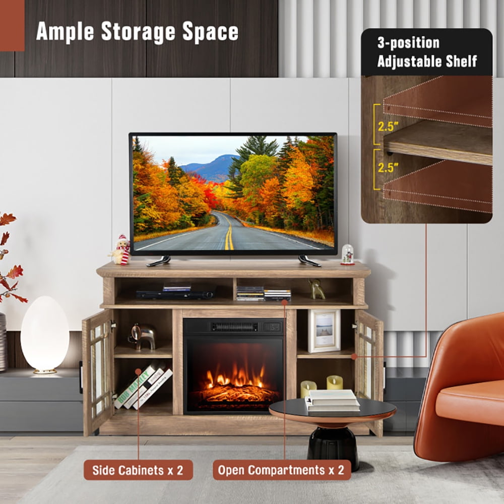 Finihen TV Stand, TV Cabinet, 48 Inch Electric Fireplace TV Stand with Cabinets for TVs Up to 55 Inch, for Living Room, Bedroom, Natural