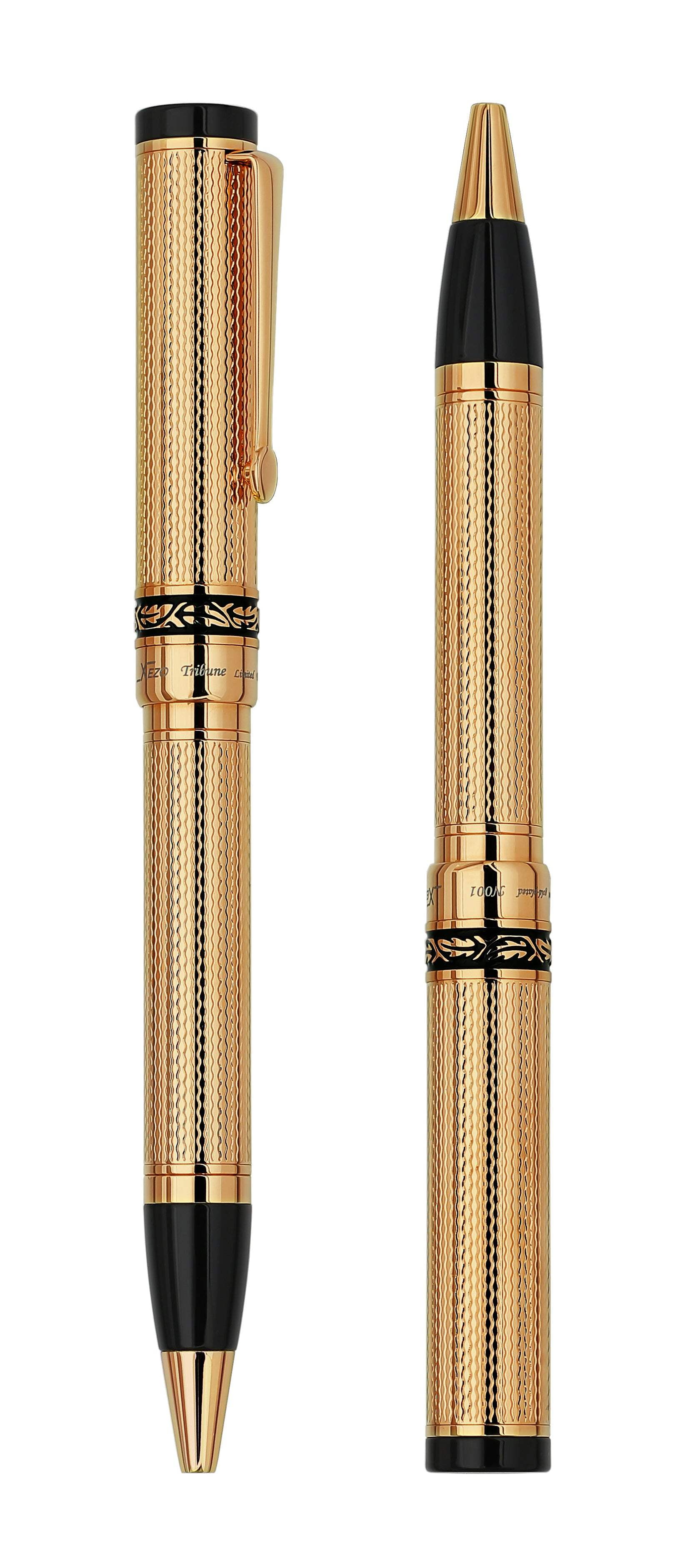 Xezo Tribune Diamond-Cut Engraved Brass Ballpoint Pen - 18K Gold Plated