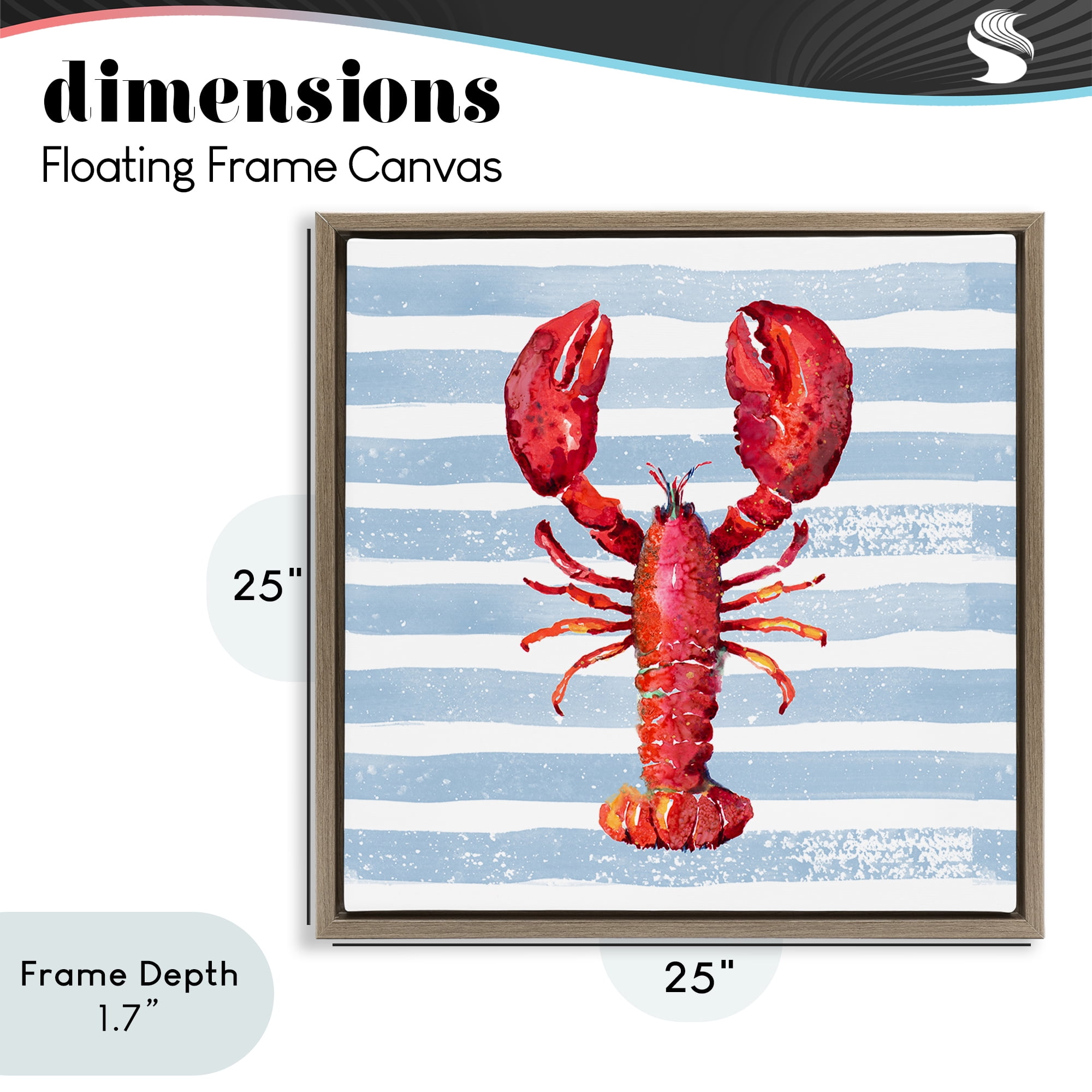 Stupell Industries Red Lobster on Blue Stripes Brown Framed Floater Canvas Wall Art, design by Patricia Pinto