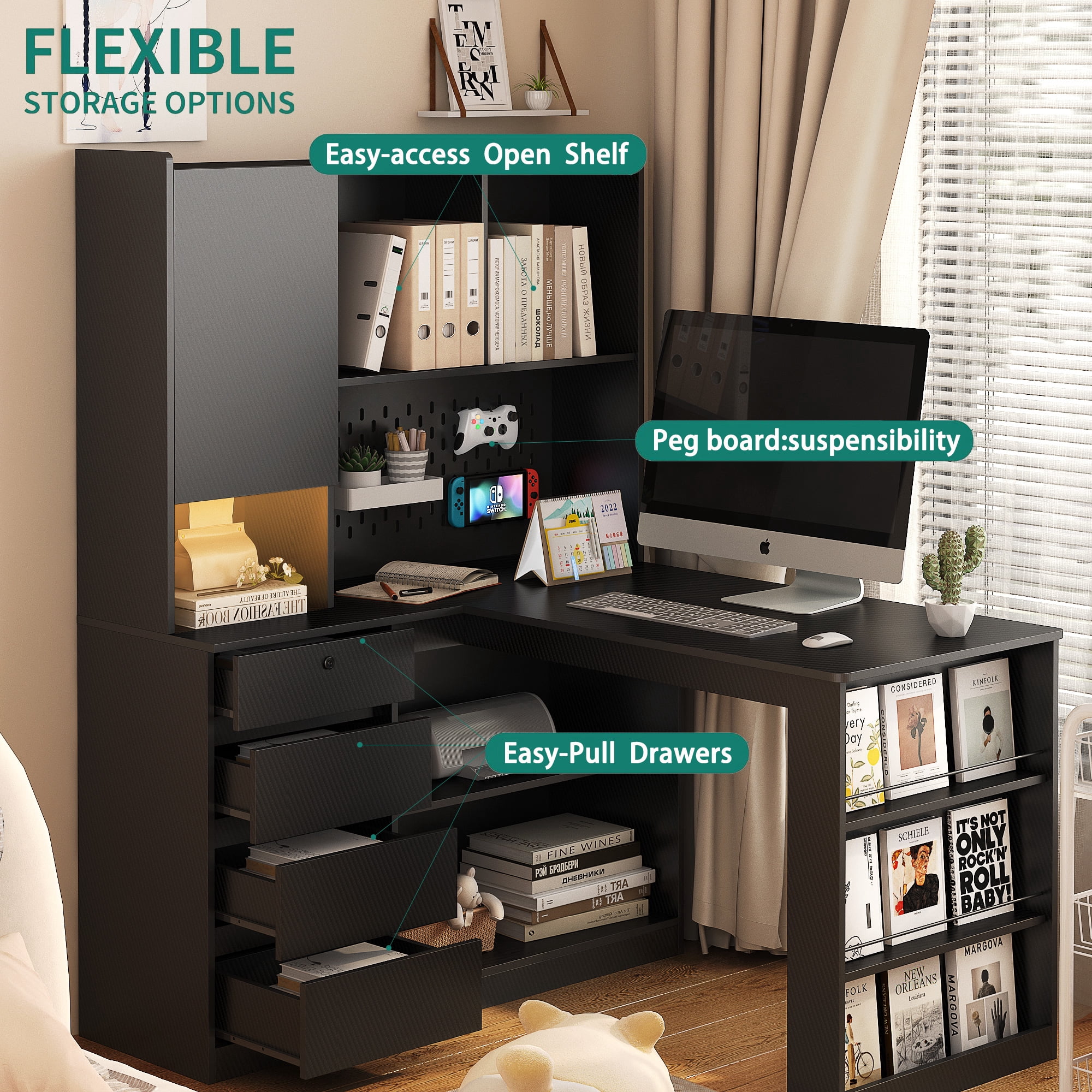 Royard Oaktree L Shaped Computer Desk with Power Outlets, LED Lights, Drawers, Bookshelf & Hutch
