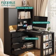Modern L Shaped Computer Desk with Bookshelf and Hutch, Home Office Corner Study Desk Writing Table with Storage Drawers and LED Light
