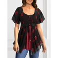 thumbnail image 3 of Women Black Rose Print Chiffon Overlay Top with Lace Up Waist Double Flared Sleeves and Inner Tank, 3 of 3