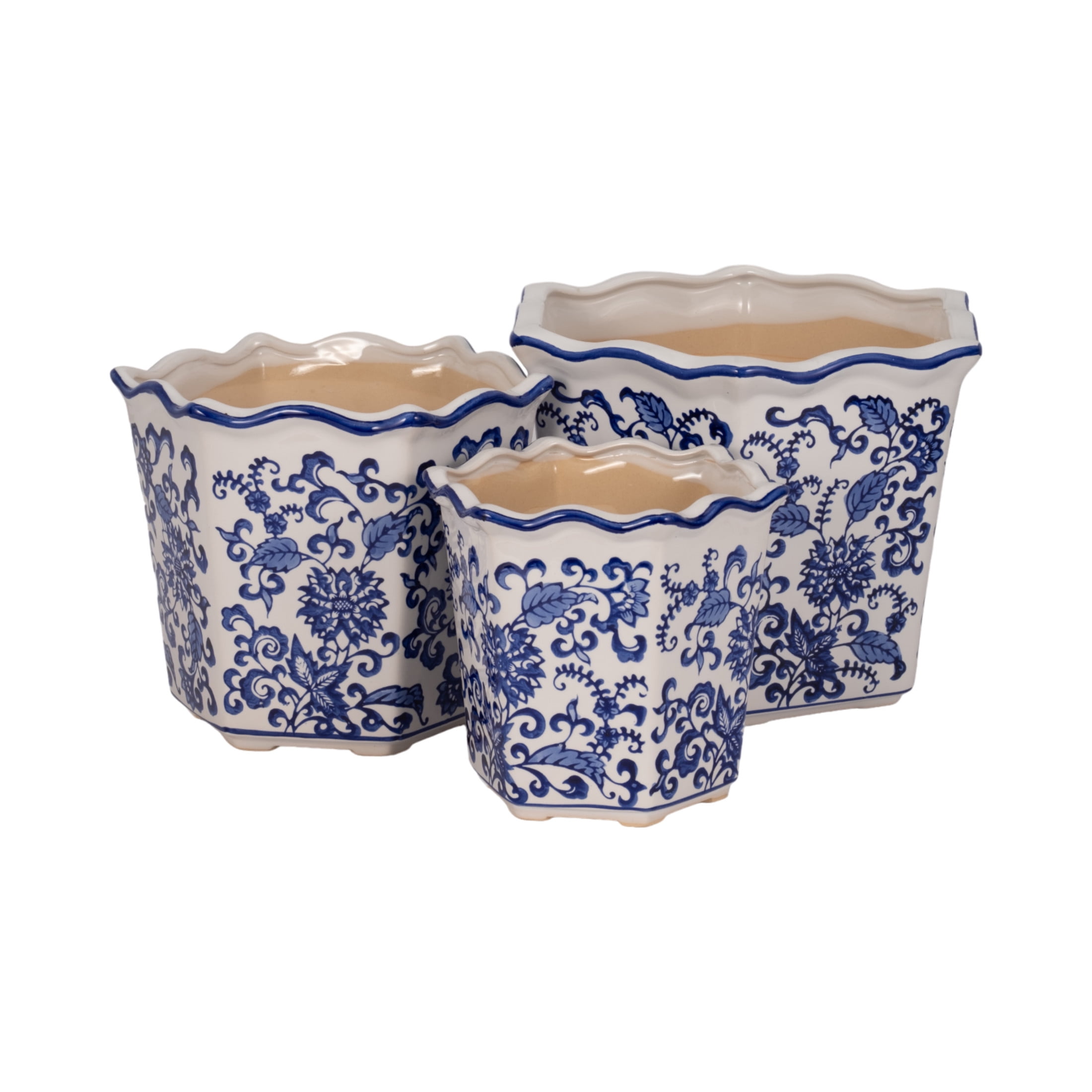 Chinoiserie Flower Pots for Home Decor - Stoneware Ceramic Bowls with Floral Design for Planters for Indoor and Outdoor Plants - Pots For Plants Accent for Garden - Set of 3, 9", 8", 7", Blue & White