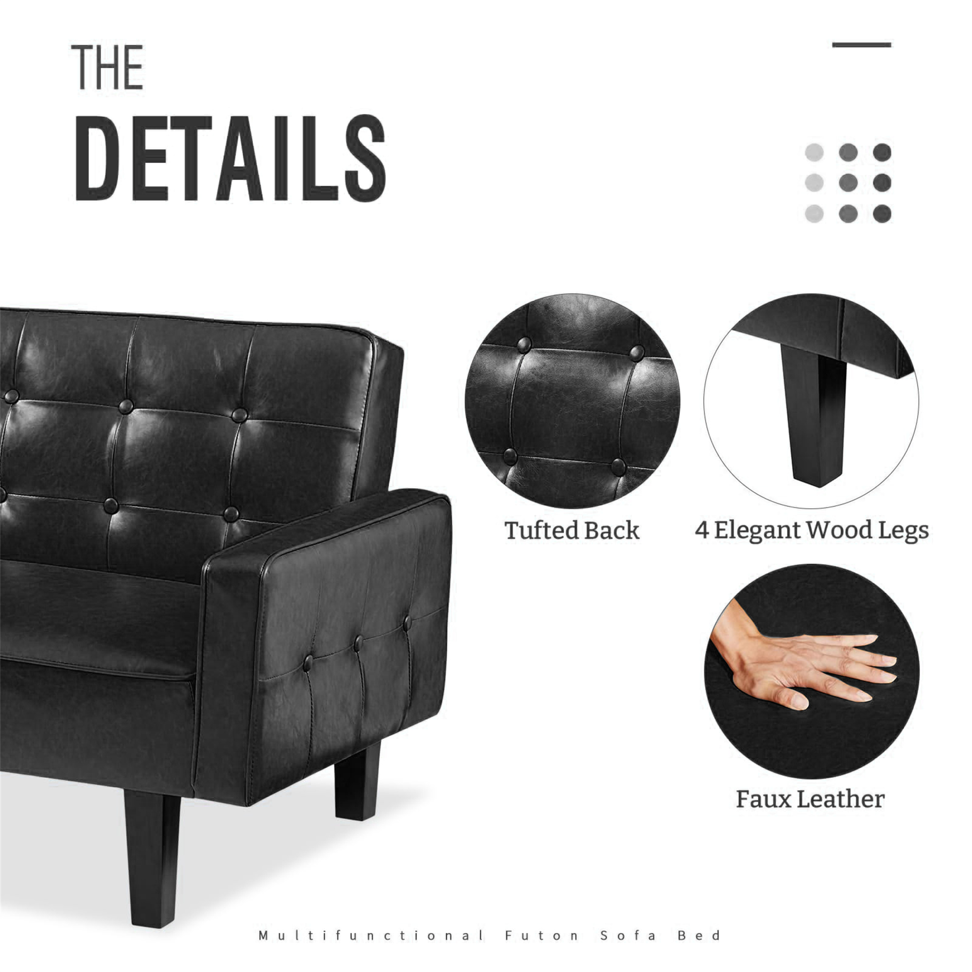 Aukfa 75" Button-Tufted Futon Convertible Sofa Bed for Home Office, Leather, Black