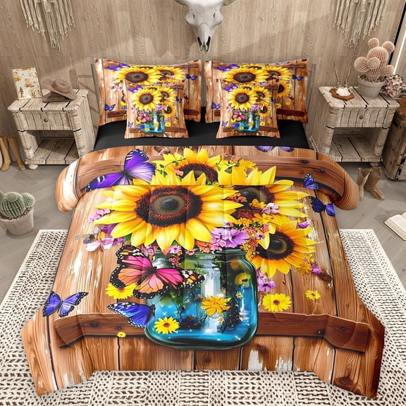 Castle Fairy Flying Butterflies Twin Bedding Sets 7-Piece for Boys Girls,Rustic Yellow Sunflowers Bedding Comforter Set Microfiber,Old Barn Door Breathable Sheet Sets,Lightweight Room Decor