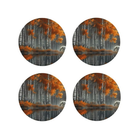 

KLL Drink Coasters Set Round Shape of 4 PU Leather Absorbent Coasters Set Decorative Coffee Cup Coasters Housewarming Gift for Home Decor-White Horse Autumn Birch