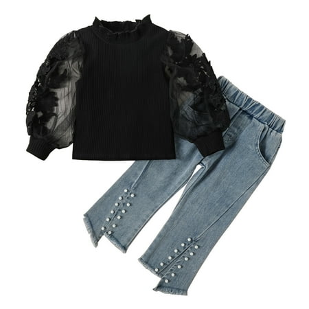 

Youmylove Toddler Kids Baby Girls Puff Sleeve Flower Lace Ribbed T-Shirt Tops Crop Denim Jeans Long Pants 2Pcs Outfits Clothes Set Spring Clothing Set