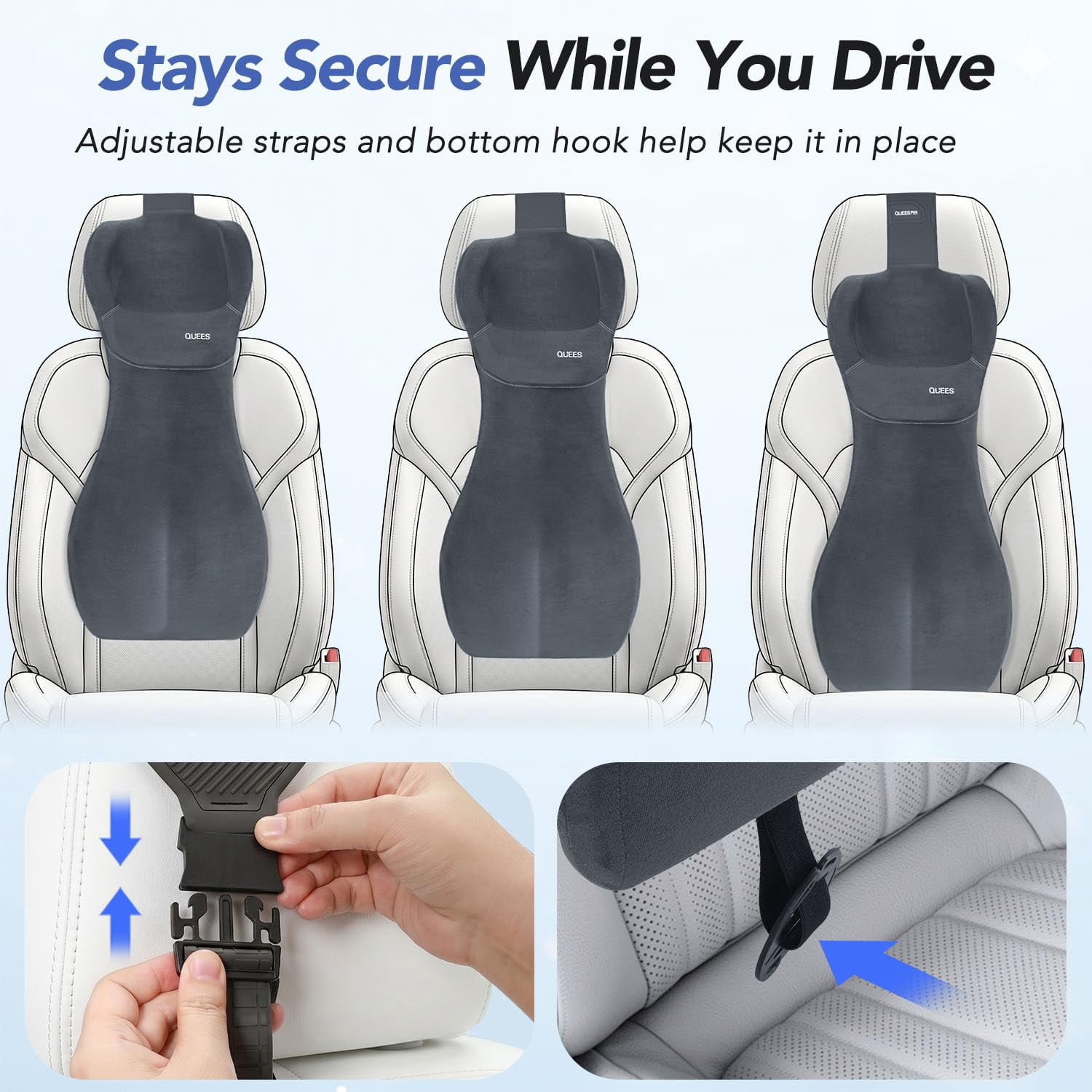 QUTOOL Car Lumbar Support Pillow with Headrest, One-Piece Full Back Memory Foam Cushion, S-Curve Support for Cars SUVs Trucks