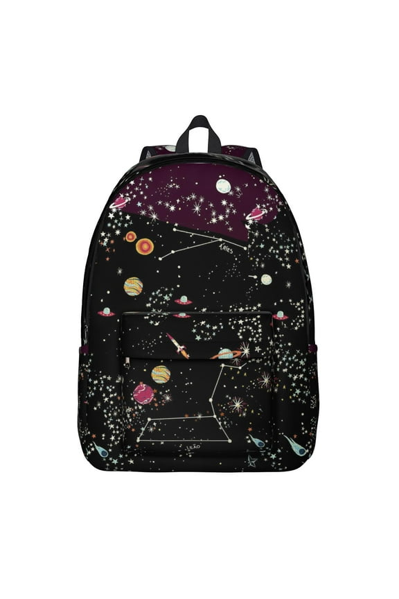 Cute Celestial Astronaut Backpack, Outer Space Rocket Moon and Stars Galaxy Print, Starry Night School Daypack
