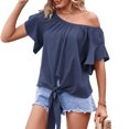 thumbnail image 3 of Top de mujer con cuello redondo, mangas cortas con volantes, dobladillo con lazo, camiseta informal holgada y cómoda de verano para el trabajo, cita diaria, azul oscuro M, 3 of 5