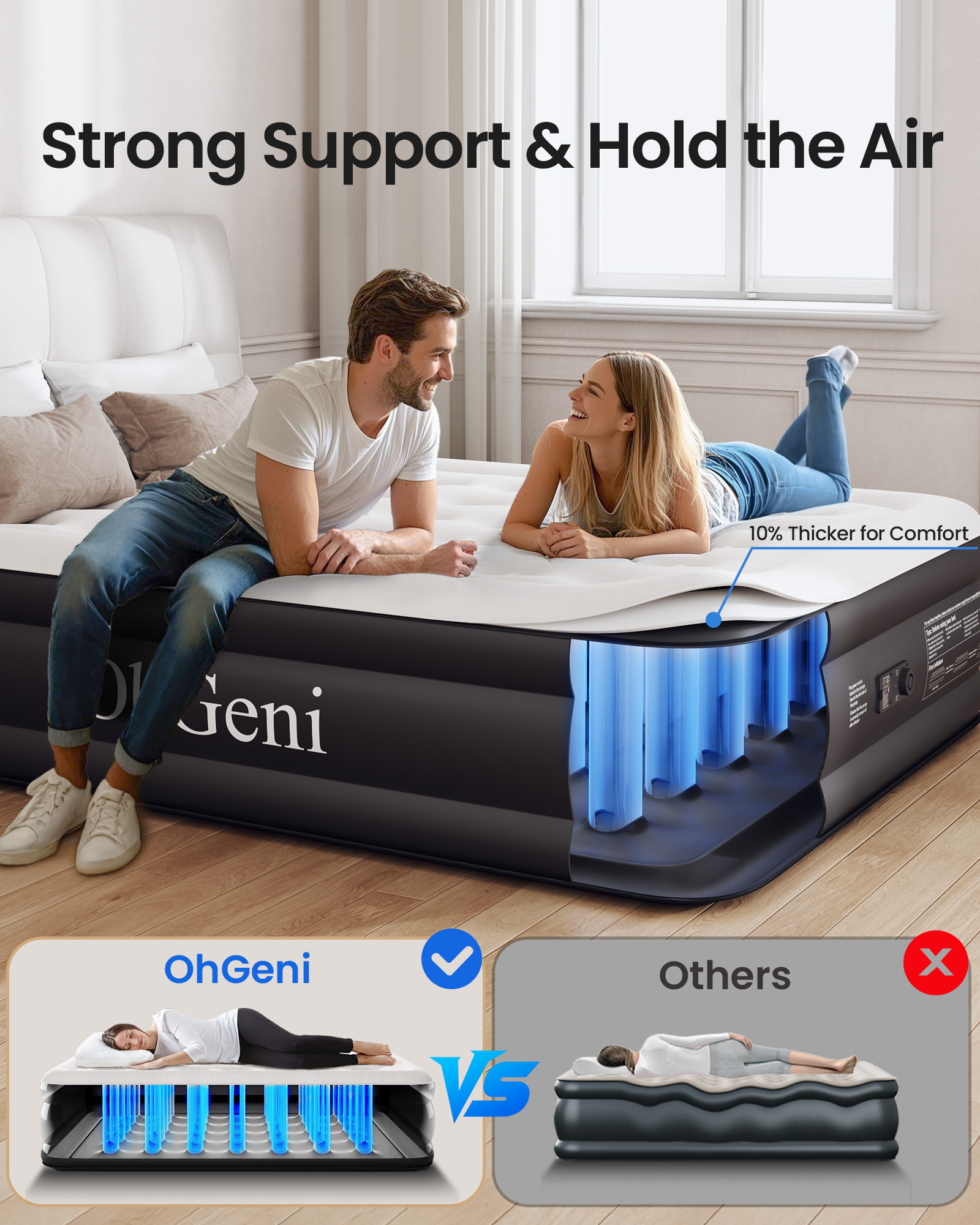 OhGeni Queen Air Mattress with Built in Pump, 18 Raised Blow Up Mattress, Low Noise Surface Portable Air Bed for Home and Guest, Inflatable Mattress, Black
