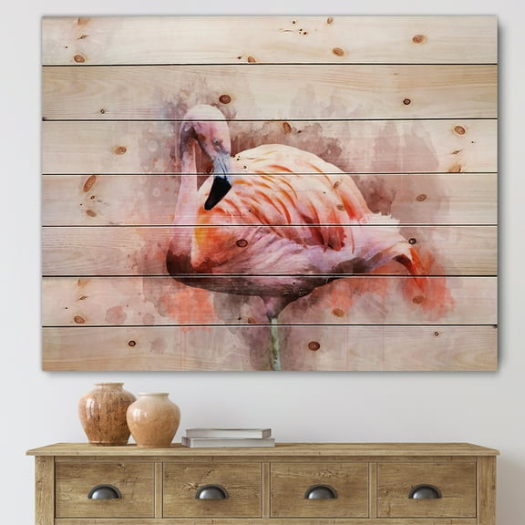 Designart 'Abstract Portrait of Pink Flamingo III' Farmhouse Print on Natural Pine Wood