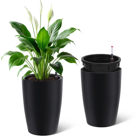 Set of 2 Tall Self-Watering Planters - 16 Inch Black Flower Pots with Built-In Drainage, Water Level Gauge & Inner Bucket for Indoor/Outdoor Use - Patio, Porch, Living Room, Office